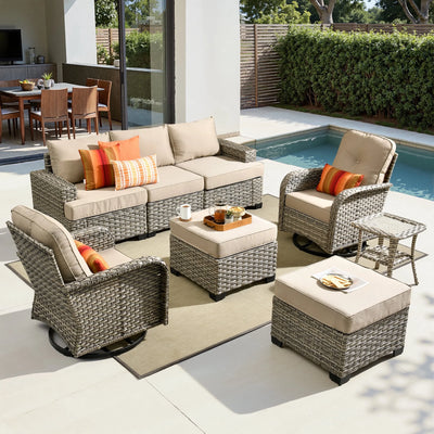 8-Piece Modular Outdoor Wicker Patio Set | Swivel Chairs, Ottomans & Side Table | Toject