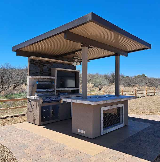 KoKoMo Baja Outdoor Kitchen with 12' x 12' Patio Cover | Modular BBQ Island with Grill, Refrigerator & Bar Seating | LP or NG