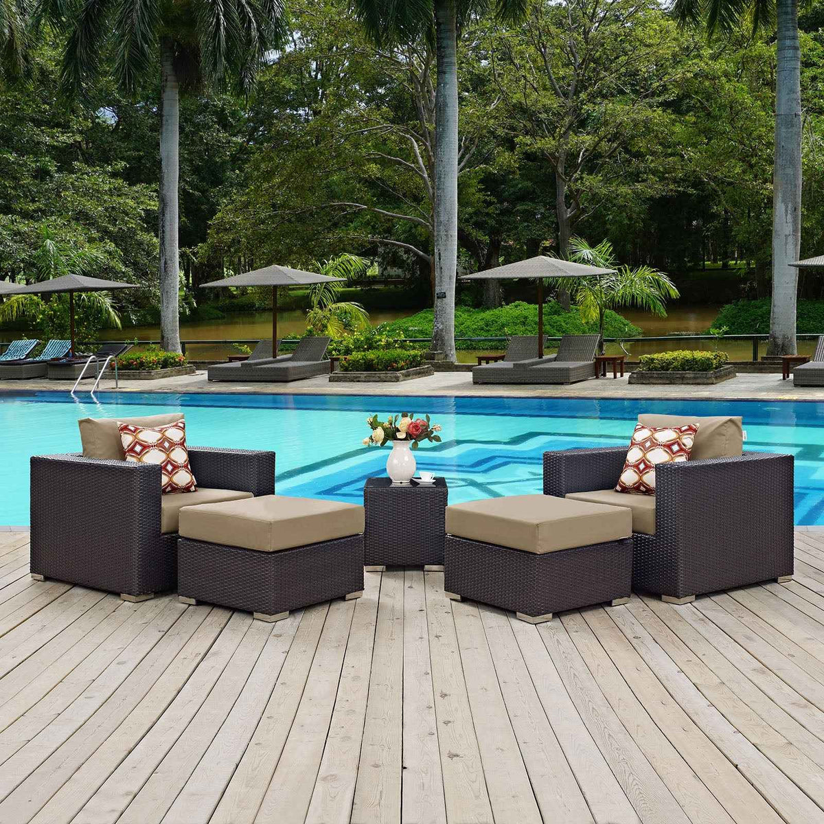 Modway Convene 5-Piece Outdoor Sectional Set | Resin Wicker, Aluminum, 58 lbs, Orange, Mocha, or Red | Free Shipping