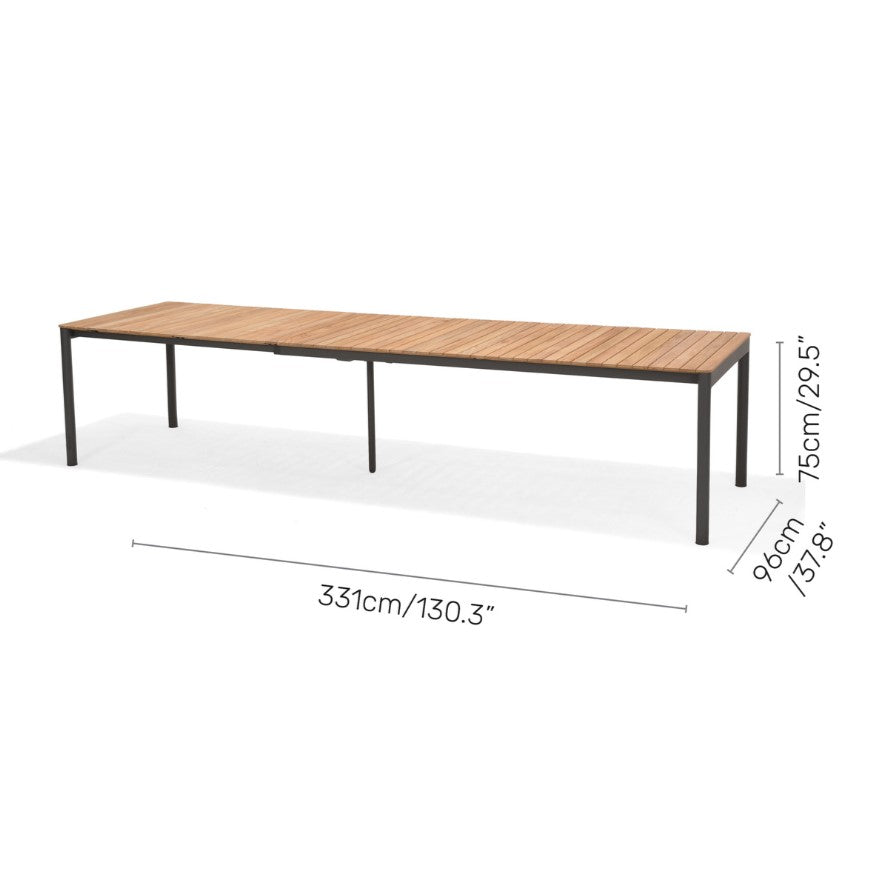 Topaz Rectangular Extendable Outdoor Dining Table | Dark Grey Aluminum & FSC Teak | Seats 10–12 | LifestyleGarden