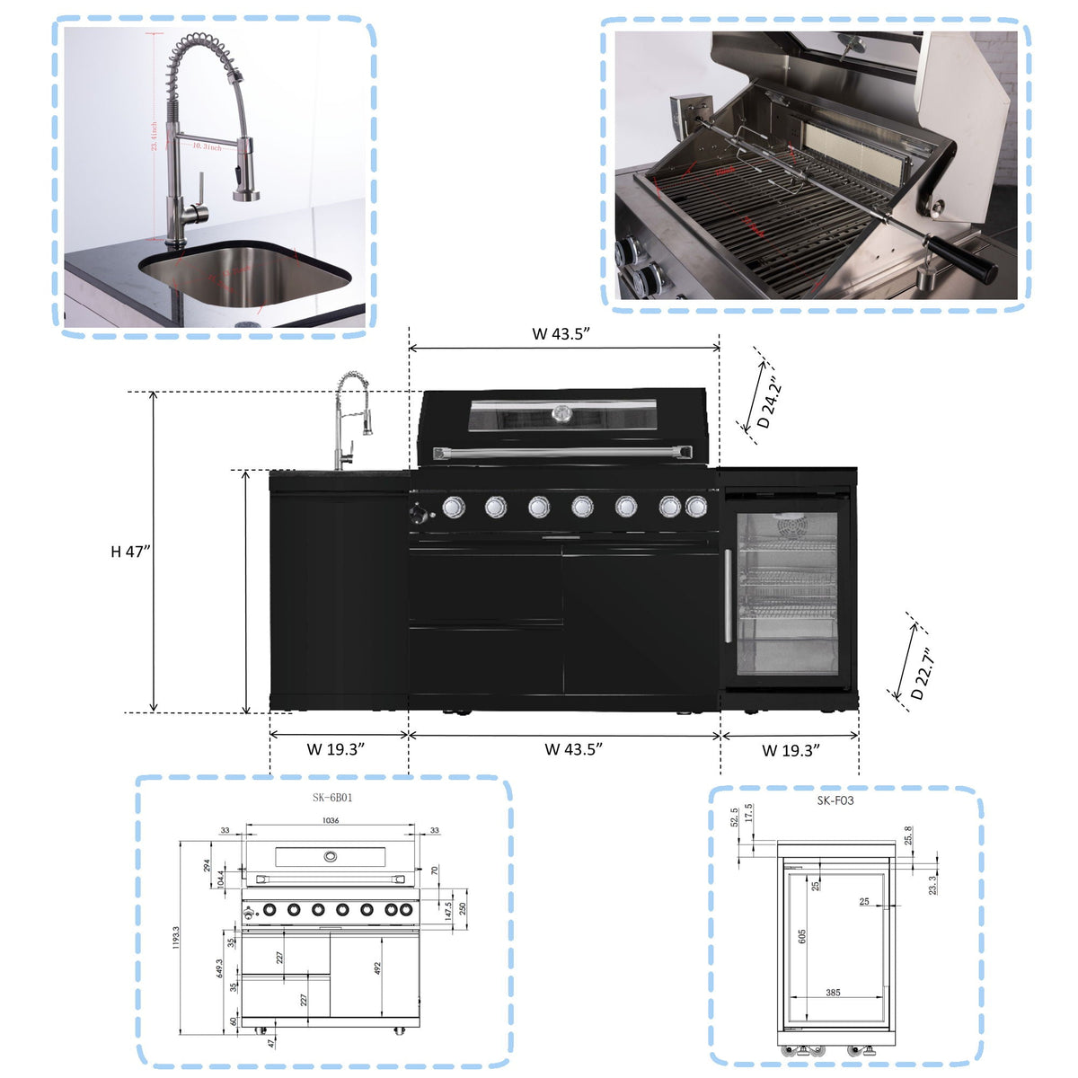 Black Outdoor Kitchen Island Grill | 6 Burners with Wine Cooler, Rotisserie Kit & Sink | 85,000 BTU, Granite Countertops