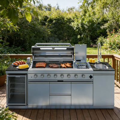 96-Inch Stainless Steel Outdoor Kitchen Island | 6-Burner Grill & Refrigerator | 85,000 BTU, Black Granite Countertops