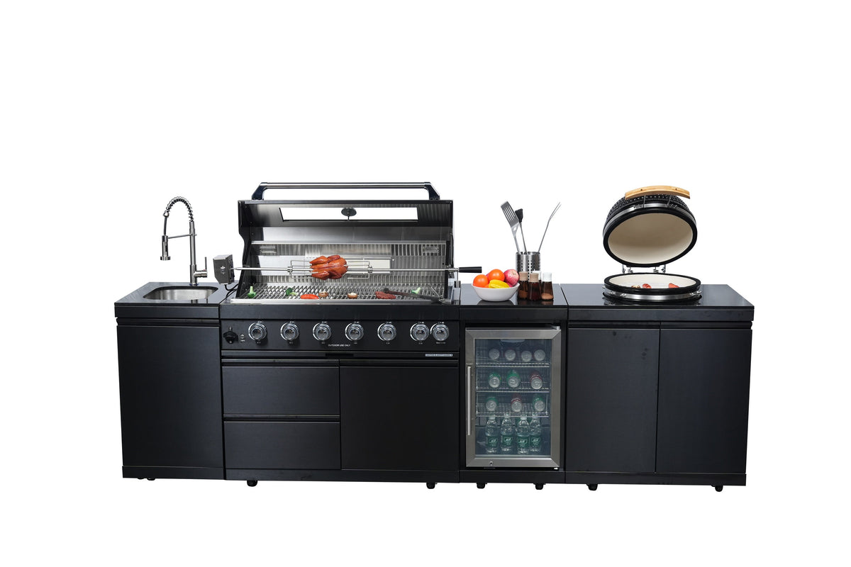 115-Inch Black Stainless Steel Outdoor Kitchen Island | 6-Burner Grill & 18-Inch Kamado | 85,000 BTU, Granite Countertops