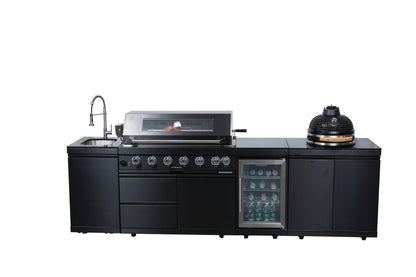 115-Inch Black Stainless Steel Outdoor Kitchen Island | 6-Burner Grill & 18-Inch Kamado | 85,000 BTU, Granite Countertops