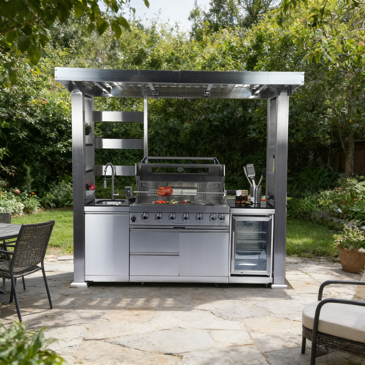 Stainless Steel Outdoor Kitchen Island | 6-Burner Grill with Wine Cooler & Side Burner | 85,000 BTU, Black Granite Countertop