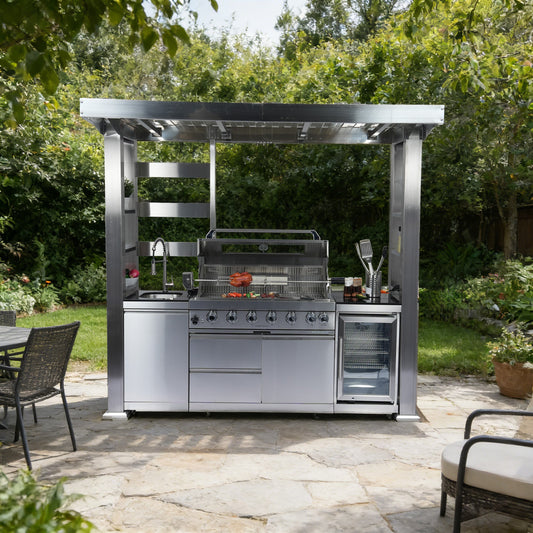 Stainless Steel Outdoor Kitchen Island | 6-Burner Grill with Wine Cooler & Side Burner | 85,000 BTU, Black Granite Countertop
