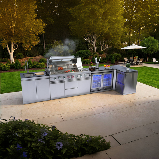 Deluxe Stainless Steel Outdoor Kitchen Island | 6-Burner Grill with Infrared Rear and Side Burners | 684 Sq In, Black Granite Countertops