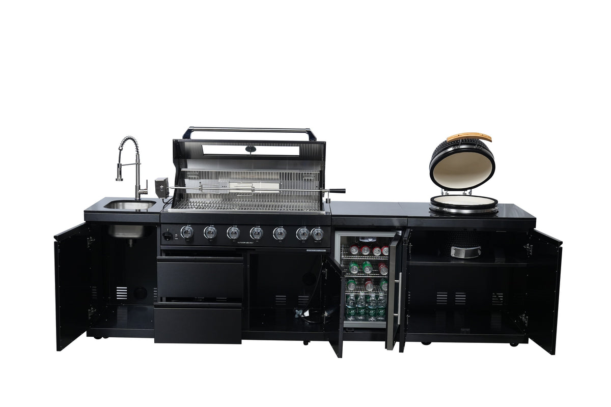 115-Inch Black Stainless Steel Outdoor Kitchen Island | 6-Burner Grill & 18-Inch Kamado | 85,000 BTU, Granite Countertops