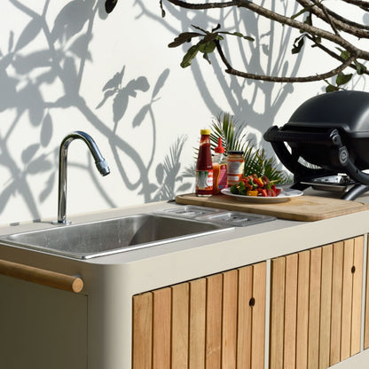 Portals Light Outdoor Kitchen | Coral Sand Aluminum & FSC Teak | Stainless Steel Sink | LifestyleGarden