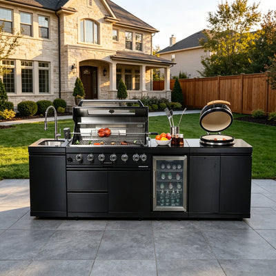 115-Inch Black Stainless Steel Outdoor Kitchen Island | 6-Burner Grill & 18-Inch Kamado | 85,000 BTU, Granite Countertops