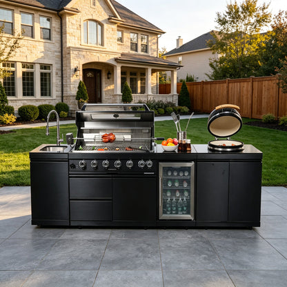 115-Inch Black Stainless Steel Outdoor Kitchen Island | 6-Burner Grill & 18-Inch Kamado | 85,000 BTU, Granite Countertops