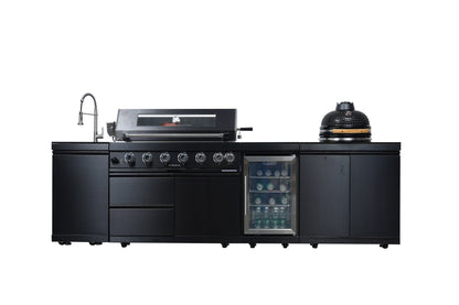 115-Inch Black Stainless Steel Outdoor Kitchen Island | 6-Burner Grill & 18-Inch Kamado | 85,000 BTU, Granite Countertops