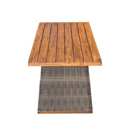 Acacia Wood Outdoor Dining Set | 6-Piece with Bench and 4 Stacking PE Rattan Chairs | Grey and Teak