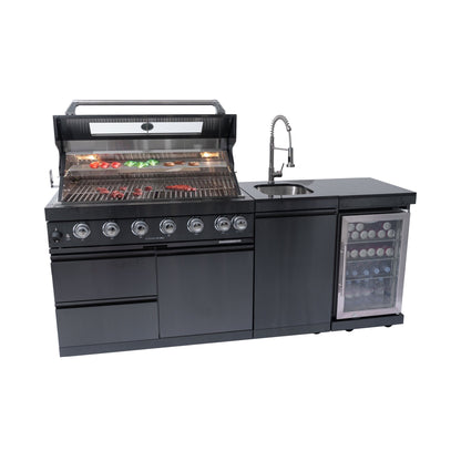 Stainless Steel Outdoor Kitchen Island | 6-Burner Grill with Wine Cooler & Sink | 85,000 BTU, Black Granite Countertops