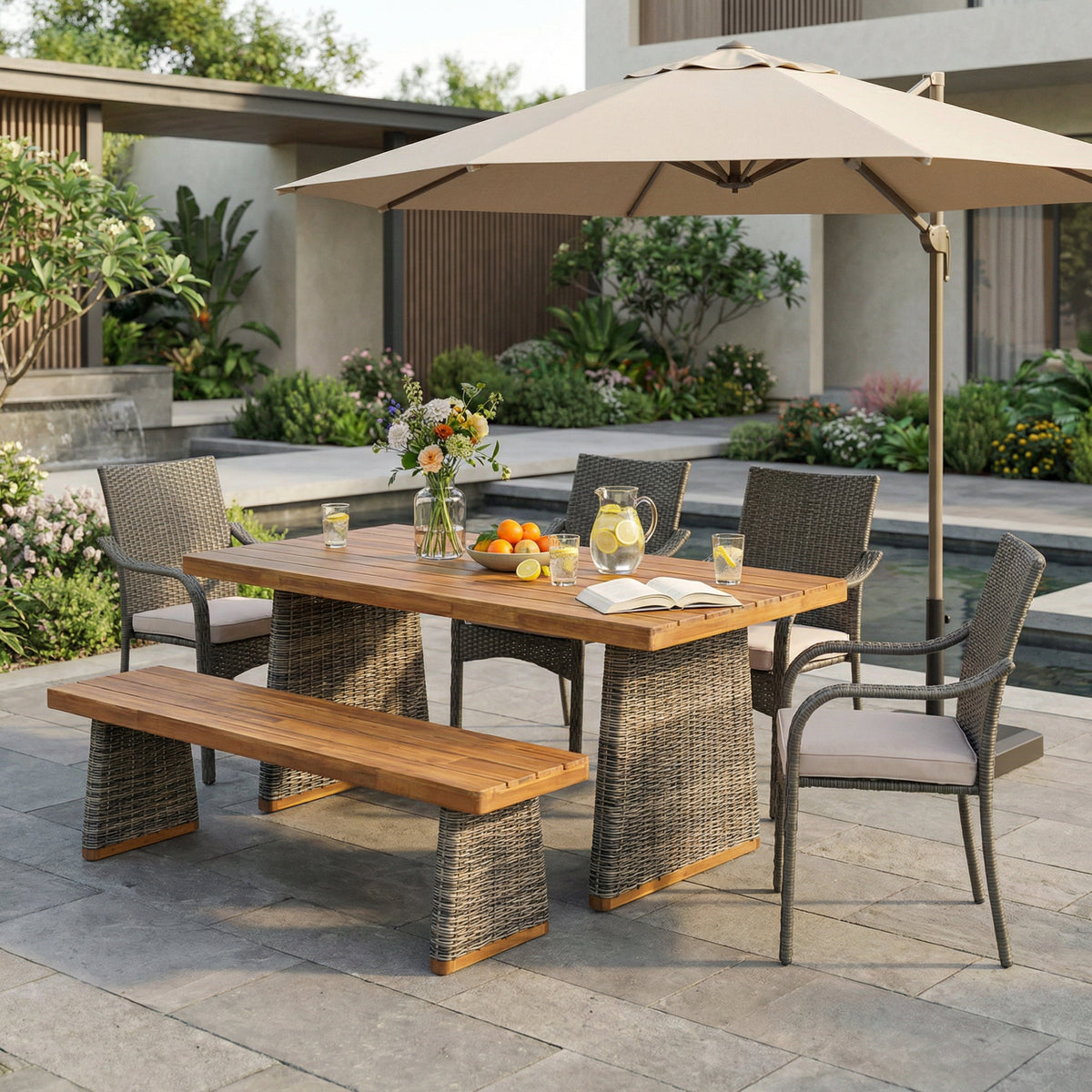 Acacia Wood Outdoor Dining Set | 6-Piece with Bench and 4 Stacking PE Rattan Chairs | Grey and Teak
