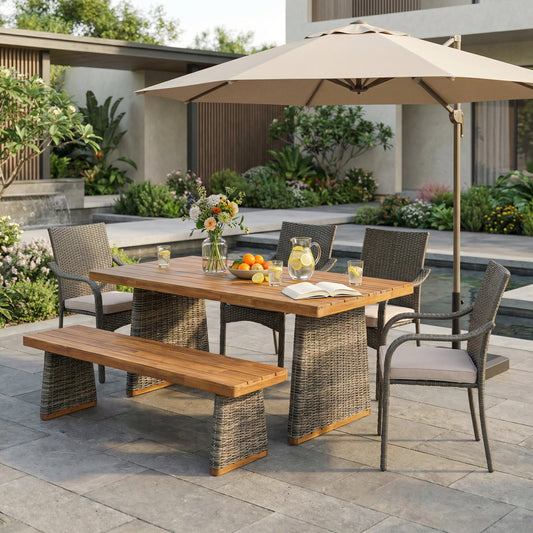 Acacia Wood Outdoor Dining Set | 6-Piece with Bench and 4 Stacking PE Rattan Chairs | Grey and Teak