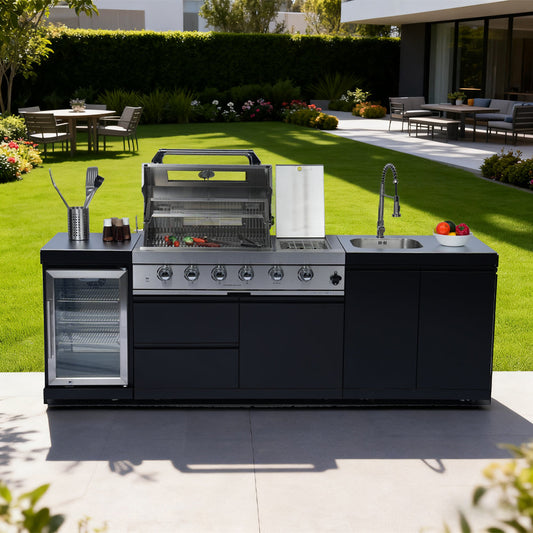 98-Inch Black Stainless Steel Outdoor Kitchen Island | 4-Burner Grill with Wine Cooler, Rotisserie and Side Burner | 72,000 BTU