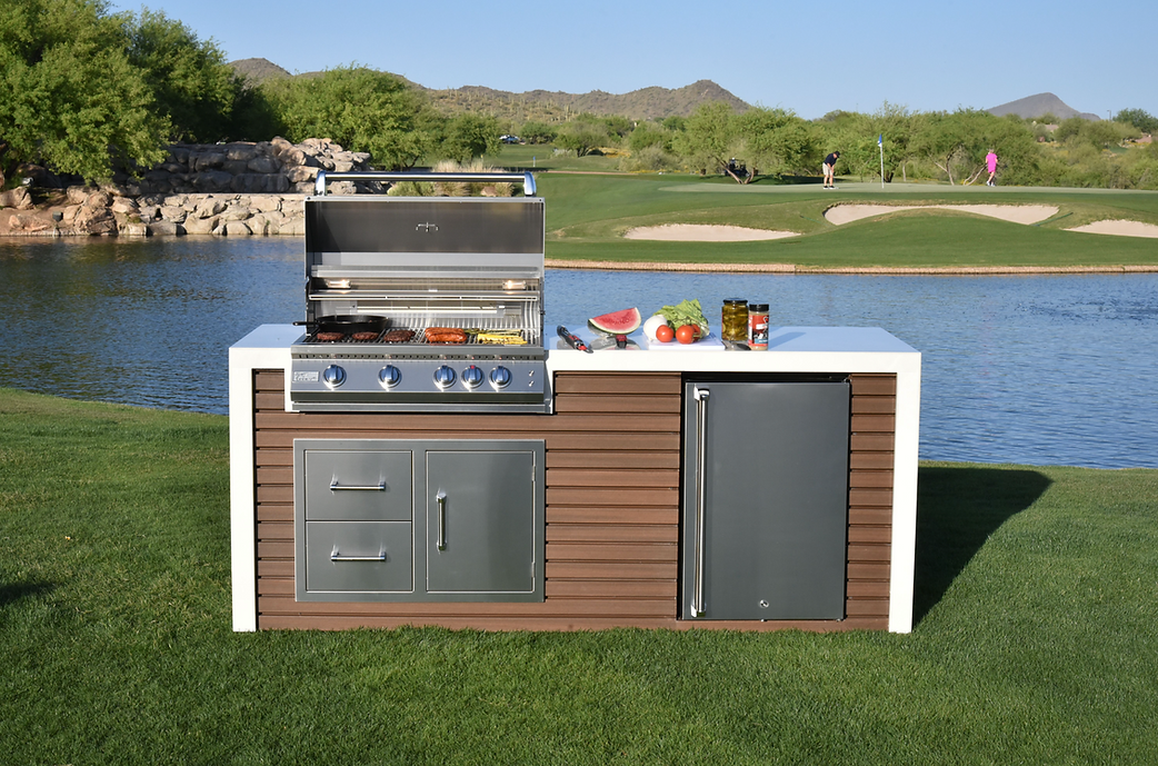 KoKoMo Waterfall Edge Outdoor Kitchen Island | 32" Built-In Grill, Waterfall Countertop | LP or NG | Made in USA