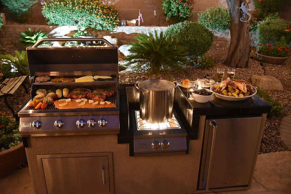 KoKoMo 7'6" Outdoor Kitchen BBQ Island | 4-Burner Grill, Wok Burner & Built-In Refrigerator | LP or NG | Stainless Steel