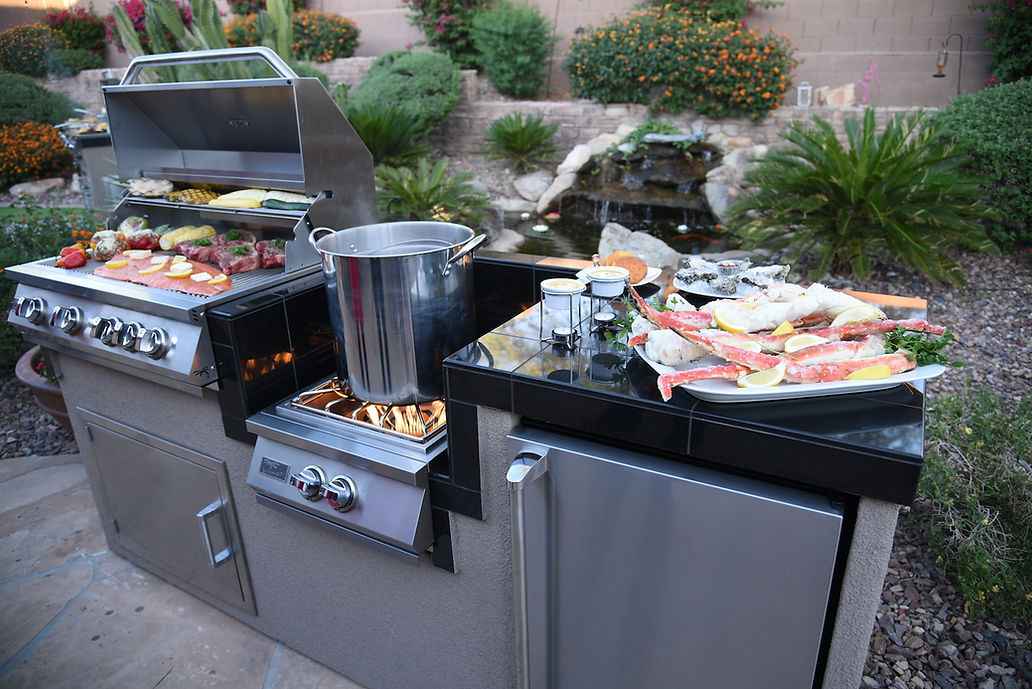 KoKoMo 7'6" Outdoor Kitchen BBQ Island | 4-Burner Grill, Wok Burner & Built-In Refrigerator | LP or NG | Stainless Steel