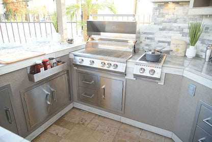 KoKoMo Bermuda Outdoor Kitchen Island | 7'6" x 9' BBQ Island with Built-In TV, Fire Pit & Bar | LP or NG | Made in USA