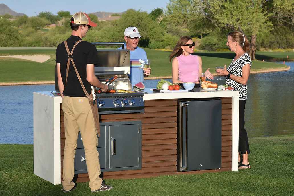 KoKoMo Waterfall Edge Outdoor Kitchen Island | 32" Built-In Grill, Waterfall Countertop | LP or NG | Made in USA