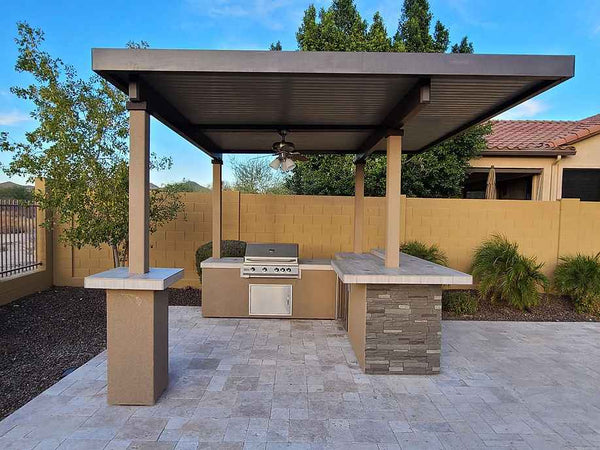 KoKoMo Aruba Outdoor Kitchen Island with 12' x 12' Pergola | 4-Burner Grill, Refrigerator & Lighting | LP or NG