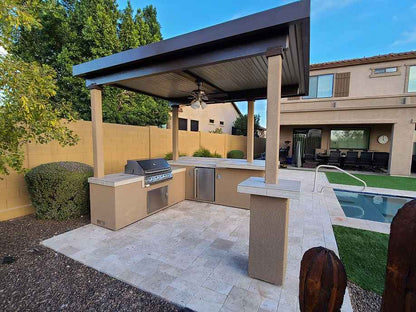 KoKoMo Aruba Outdoor Kitchen Island with 12' x 12' Pergola | 4-Burner Grill, Refrigerator & Lighting | LP or NG