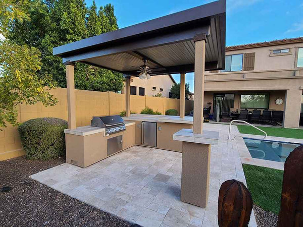KoKoMo Aruba Outdoor Kitchen Island with 12' x 12' Pergola | 4-Burner Grill, Refrigerator & Lighting | LP or NG