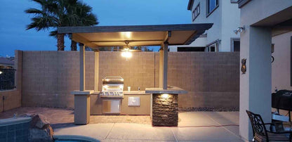 KoKoMo Aruba Outdoor Kitchen Island with 12' x 12' Pergola | 4-Burner Grill, Refrigerator & Lighting | LP or NG