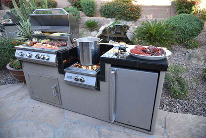 KoKoMo 7'6" Outdoor Kitchen BBQ Island | 4-Burner Grill, Wok Burner & Built-In Refrigerator | LP or NG | Stainless Steel