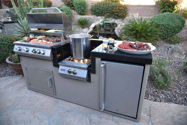 KoKoMo 7'6" Outdoor Kitchen BBQ Island | 4-Burner Grill, Wok Burner & Built-In Refrigerator | LP or NG | Stainless Steel