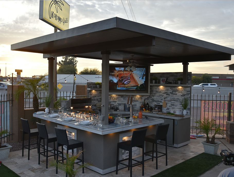 KoKoMo Bermuda Outdoor Kitchen Island | 7'6" x 9' BBQ Island with Built-In TV, Fire Pit & Bar | LP or NG | Made in USA