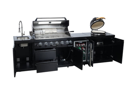 115-Inch Black Stainless Steel Outdoor Kitchen Island | 6-Burner Grill & 18-Inch Kamado | 85,000 BTU, Granite Countertops