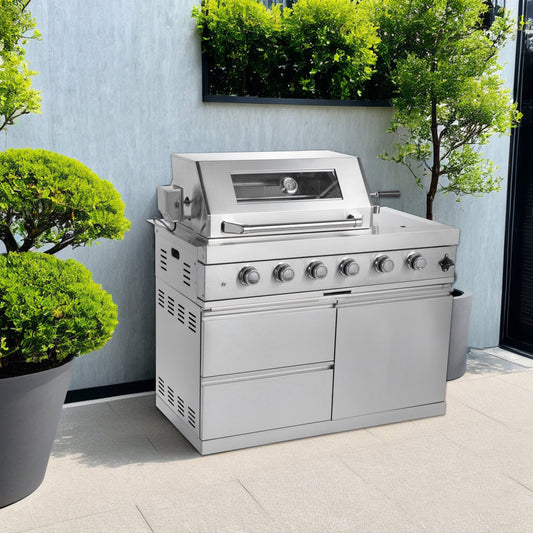 Stainless Steel Outdoor Kitchen Island | 6-Burner Gas Grill with Rotisserie Kit and Rear Infrared Burner | Black Granite Countertops