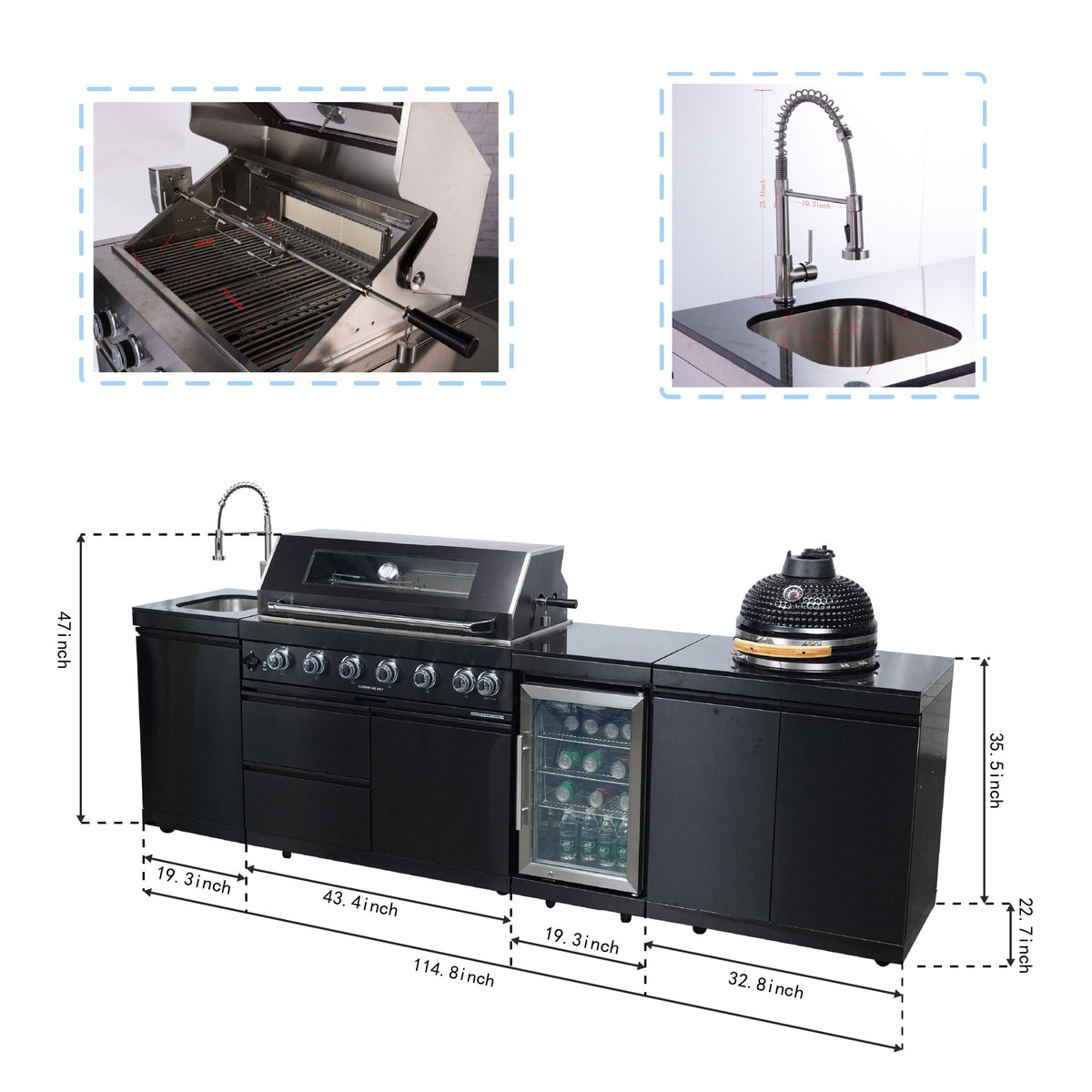 115-Inch Black Stainless Steel Outdoor Kitchen Island | 6-Burner Grill & 18-Inch Kamado | 85,000 BTU, Granite Countertops