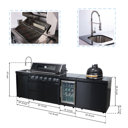 115-Inch Black Stainless Steel Outdoor Kitchen Island | 6-Burner Grill & 18-Inch Kamado | 85,000 BTU, Granite Countertops