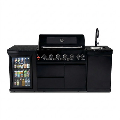 Black Stainless Steel Outdoor Kitchen Island | 6-Burner Propane Grill with Refrigerator, Wine Cooler and Sink | Marble Countertops