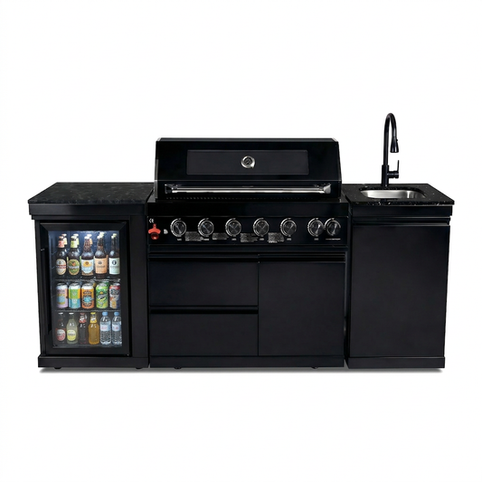 Black Stainless Steel Outdoor Kitchen Island | 6-Burner Propane Grill with Refrigerator, Wine Cooler and Sink | Marble Countertops