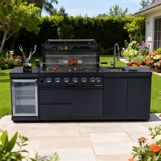 Stainless Steel Outdoor Kitchen Island | 6-Burner Grill with Rotisserie Kit & Refrigerator | 85,000 BTU, Black Granite