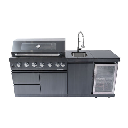 Black Outdoor Kitchen Island Grill | 6 Burners with Wine Cooler, Rotisserie Kit & Sink | 85,000 BTU, Granite Countertops
