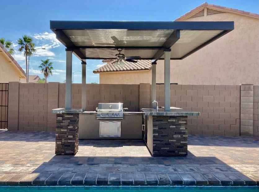 KoKoMo Aruba Outdoor Kitchen Island with 12' x 12' Pergola | 4-Burner Grill, Refrigerator & Lighting | LP or NG