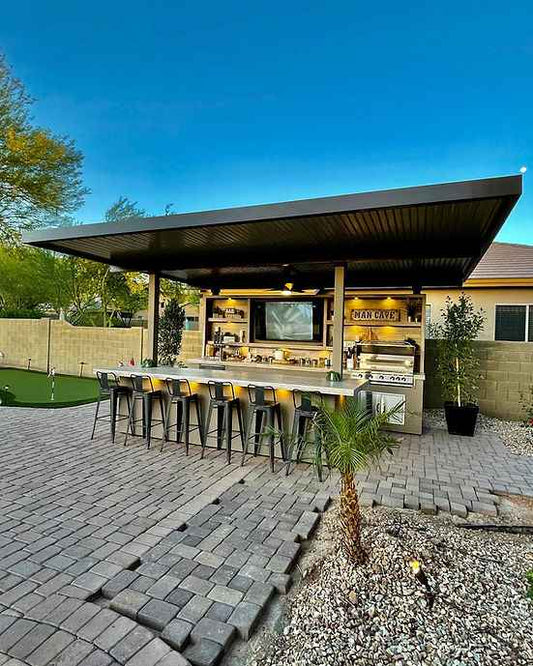 KoKoMo Outdoor Kitchen Pavilion | 20' x 20' Covered BBQ Island with 70" TV, Grill, Kegerator & Bar | LP or NG