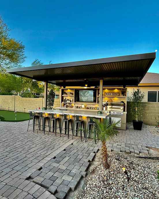 KoKoMo Outdoor Kitchen Pavilion | 20' x 20' Covered BBQ Island with 70" TV, Grill, Kegerator & Bar | LP or NG