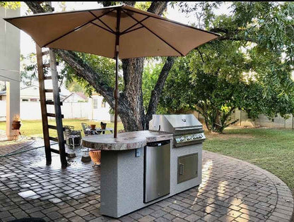 KoKoMo Maui BBQ Island | 7'6" Outdoor Kitchen with 33" Round Bar, LED Lights & Built-In Grill | LP or NG