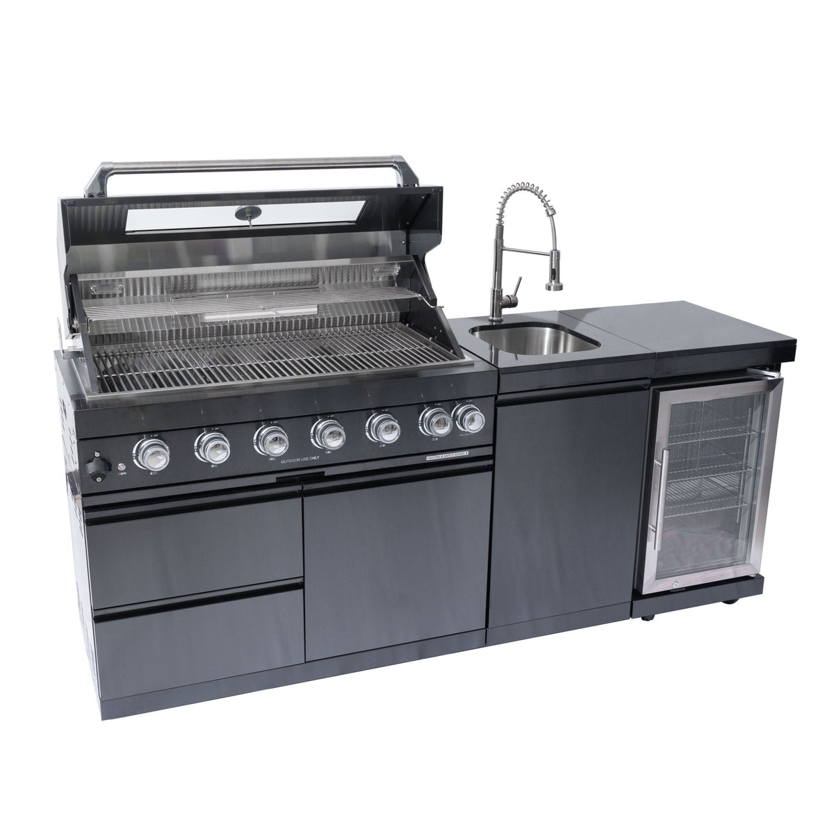 Black Outdoor Kitchen Island Grill | 6 Burners with Wine Cooler, Rotisserie Kit & Sink | 85,000 BTU, Granite Countertops