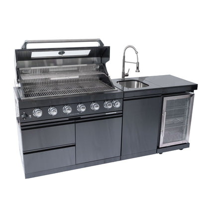 Black Outdoor Kitchen Island Grill | 6 Burners with Wine Cooler, Rotisserie Kit & Sink | 85,000 BTU, Granite Countertops
