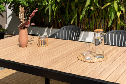 Portals Dark Dining Set | 7-Piece | FSC Teak Table & 6 Nassau Black Aluminum Social Plastic® Chairs | LifestyleGarden
