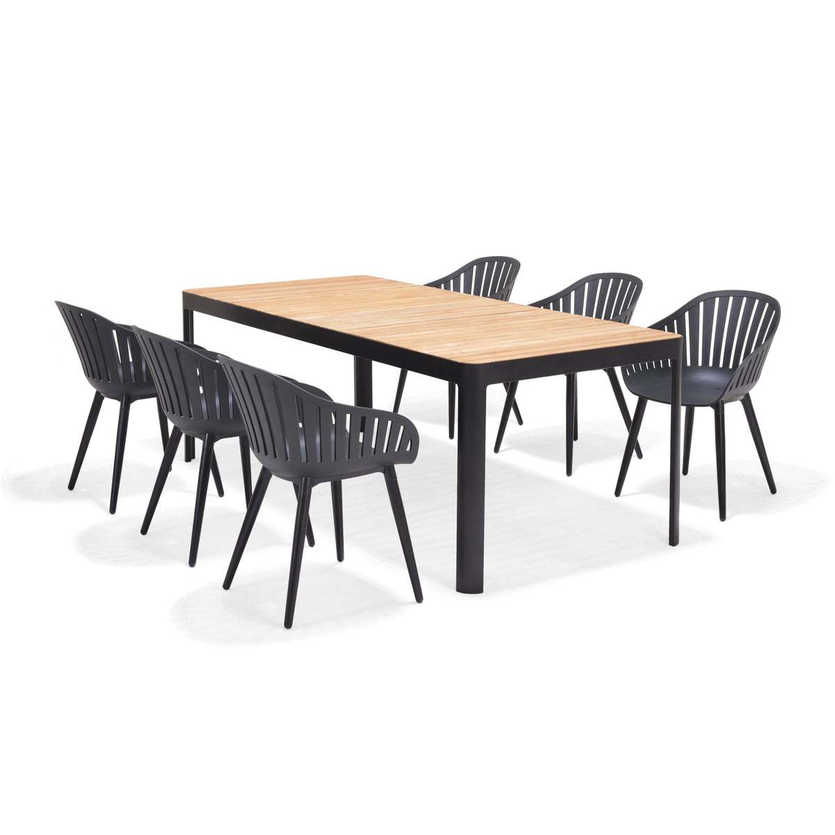 Portals Dark Dining Set | 7-Piece | FSC Teak Table & 6 Nassau Black Aluminum Social Plastic® Chairs | LifestyleGarden