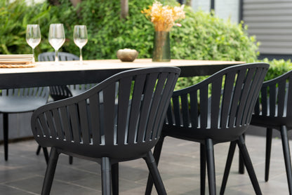 Portals Dark Dining Set | 7-Piece | FSC Teak Table & 6 Nassau Black Aluminum Social Plastic® Chairs | LifestyleGarden